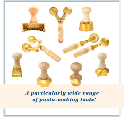 La Gondola Set of 3 Pasta Tools - Square Festooned 1.77x2.16in & Round Festooned 1.97in Ravioli Stamps & Pasta Cutter Festooned Wheel | Brass & Natural Wood | Easy to Use | Pasta Cutters Made in Italy