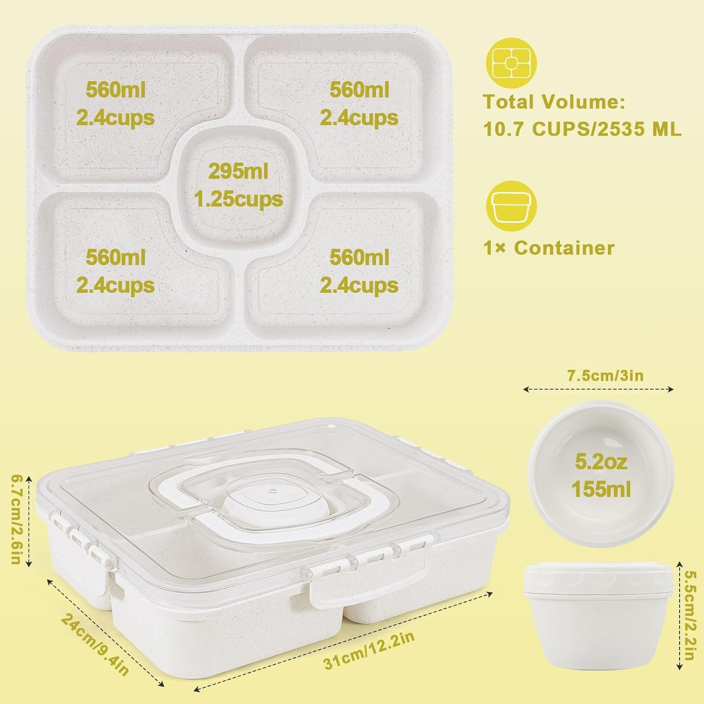 Large Snackle Box Container with Dip Container, 5 Compartments Snack Container with Lid and Handle, Veggie Fruit Divided Serving Tray for Party, Picnic, Dishwasher Safe, BPA-Free