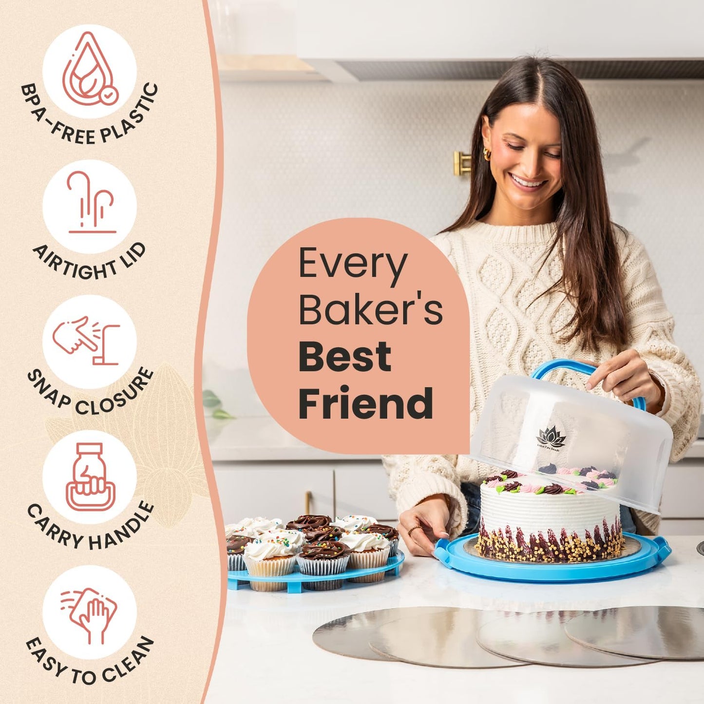 Cake Carrier with Lid and Handle – 10" Cake Storage Container with Baking Accessories, Cake Stand with Baking Pan, Cupcake Tray, Cake Boards & Piping Set