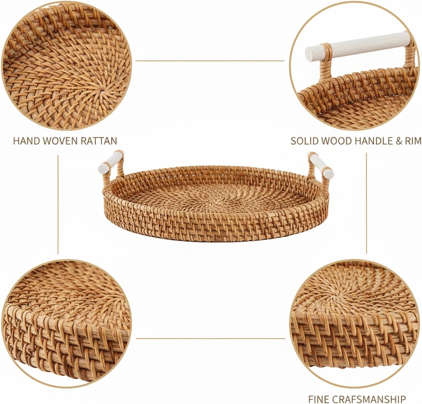 Hand Woven Rattan Basket with Wood Handle, Open Weave Storage Bin for Countertop Organization, Produce, and Home Decor