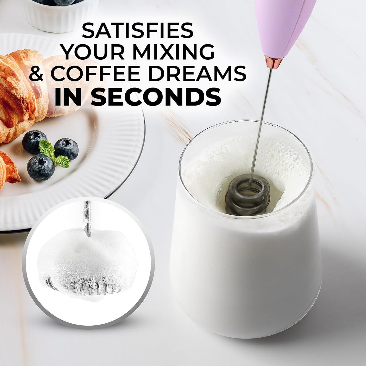 Zulay Kitchen Rechargeable Milk Frother Handheld - Frother Wand, Drink Mixer, Electric Whisk Frother, for Cappuccinos, Matcha & Protein Powder - Dynamic 3 Whisk, 3 Speed 500mAh Black - Colors D