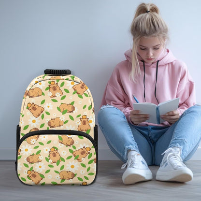 Cute Capybara Pizza Backpack for Girls, 5 Pcs Boys School Bag Set for Kids, 17 Inch Backpacks Lunch Pencil Box Reusable Utensils Case Set for Middle Elementary School, 3rd Grade Backpack
