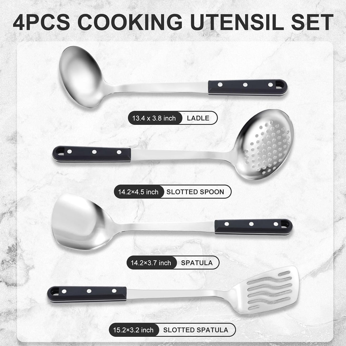 Pleafind 𝟑𝟑% 𝐎𝐅𝐅 Cooking Utensils Set - 4 Pcs Stainless Steel Kitchen Utensils Set with Solid Turner, Slotted Turner, Serving Ladle, Slotted Spoon, Wok Utensils Set with Heat Resistant Handle