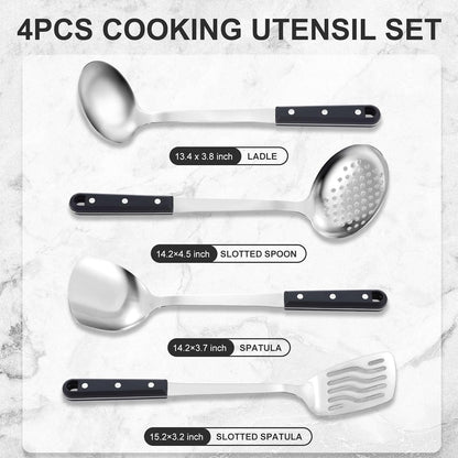 Pleafind 𝟑𝟑% 𝐎𝐅𝐅 Cooking Utensils Set - 4 Pcs Stainless Steel Kitchen Utensils Set with Solid Turner, Slotted Turner, Serving Ladle, Slotted Spoon, Wok Utensils Set with Heat Resistant Handle