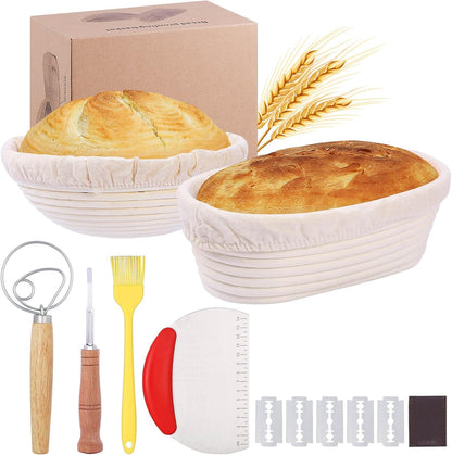 Banneton Bread Proofing Basket, Sourdough Bread Baking Supplies, Round Oval Rattan Rising Proofing Baskets Bowls Set of 2, Artisan Sourdough Bread Gifts for Home Bakers