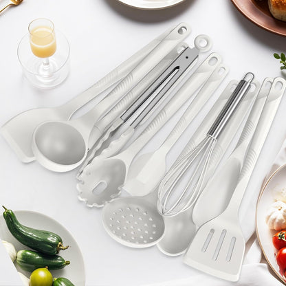 Silicone Cooking Utensils Set - 600°F Heat Resistant, Nonstick Kitchen Utensil Set with Spatulas, Spoons, Whisk, Tongs, BPA Free, Dishwasher Safe, Black