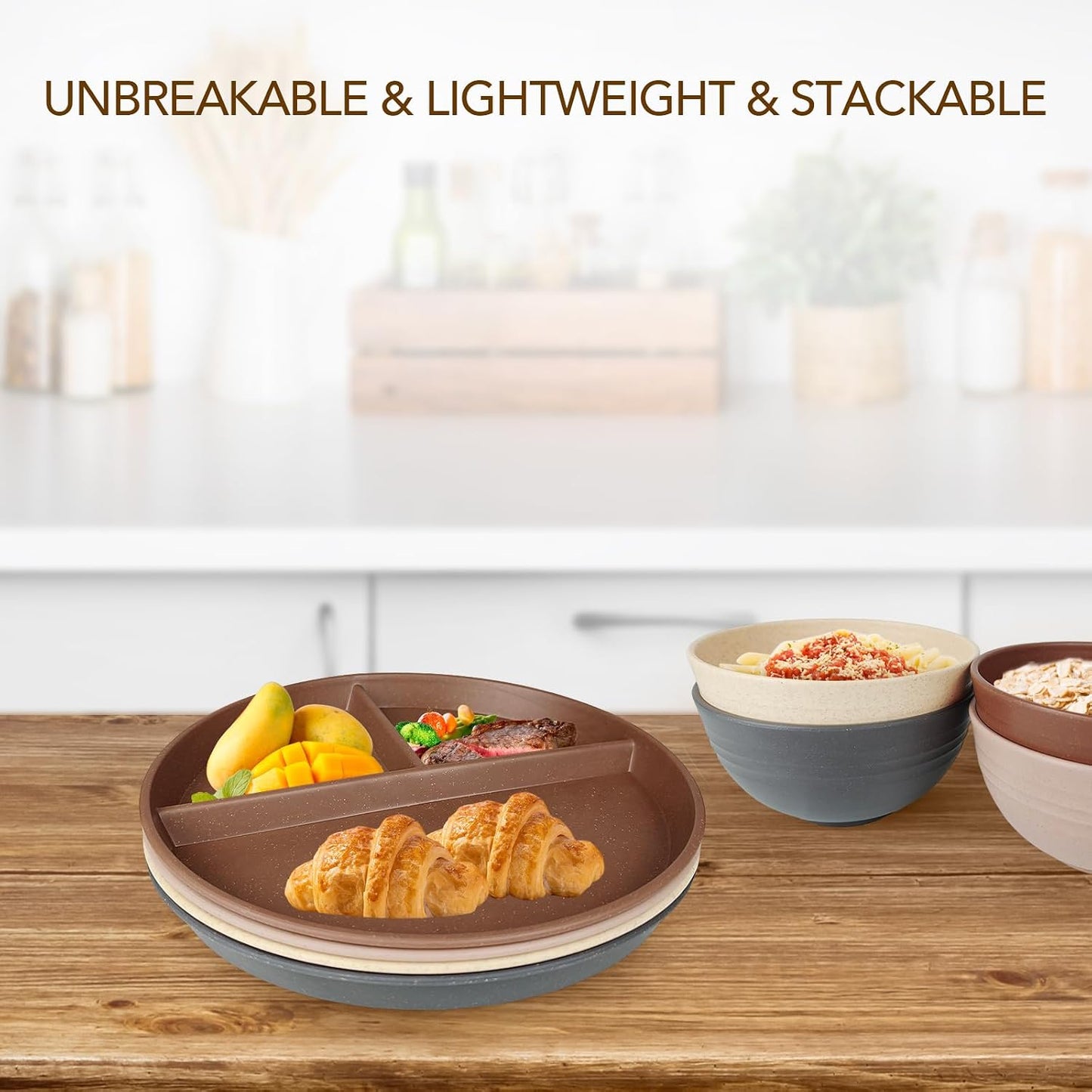 greenandlife 9 Inch 4PCS Portion Control Plates with Lids, Divided Plates for Kids Adults, Dishwasher Microwave Safe Compartment Plate, Unbreakable Lightweight Reusable Wheat Straw Plate, Earth Tone