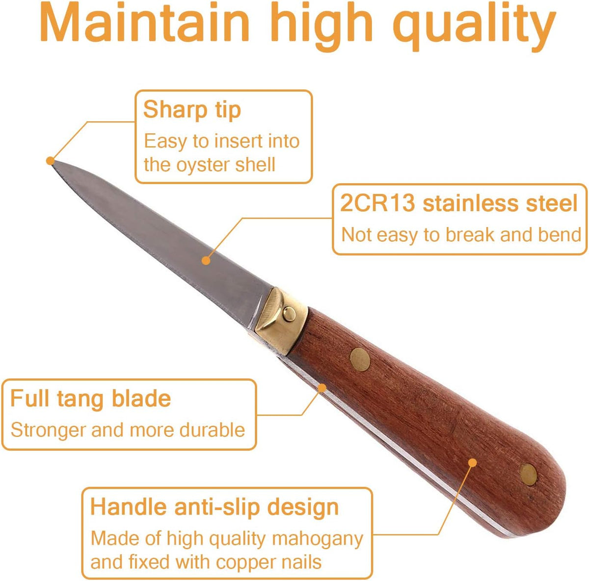 Oyster shucking knife, oyster knife, full tang knife not easy to break and bend (1knife+1case)