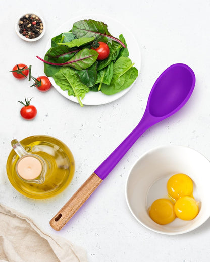 Large Silicone Cooking Spoons, Nonstick Solid Wooden Handle Spoon, Heat Resistan Silicone Kitchen Spoons for Cooking, Serving, Basting, Mixing, 13.2inch (Grey)