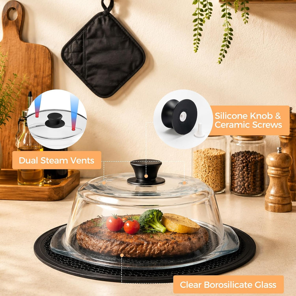 Glass Microwave Splatter Cover for Food with Silicone Trivet
