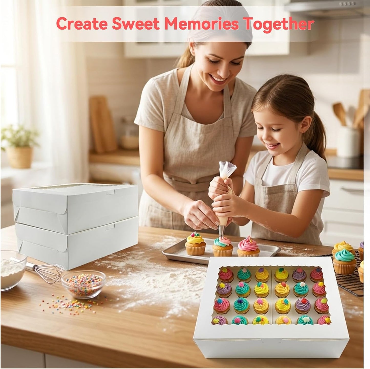 2 Pack White Mini Cupcake Boxes Containers Hold 24 MINI Cupcakes, 13 x 8.8 x 3.5 Inch Dessert Muffins Box with Window and Inserts for Birthday Holiday Party Bakery Supplies