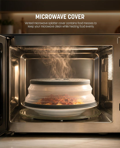 Gevoli Collapsible Microwave Splatter Cover with Strainer Draining Base (Gray)