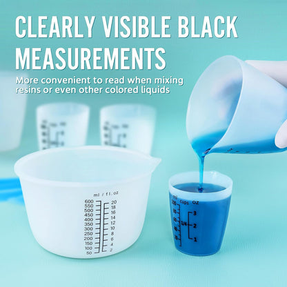 Silicone Resin Mixing Measuring Cups for Resin Supplies, 600ml/20oz Bowl, 250 & 100ml Thickened Reusable Silicone Cups for Epoxy Mixing, with Stir Sticks and Pipettes, Jewelry Making