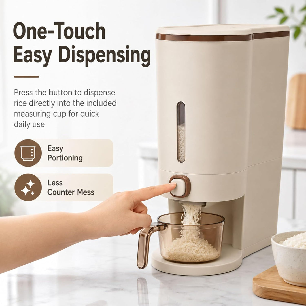 ROOM127 Slim Rice Dispenser 11 Lbs, Airtight Rice Storage Container with Measuring Cup, One-Touch Dry Food & Cereal Dispenser with Clear Window for Kitchen Countertop, Milk Tea Brown