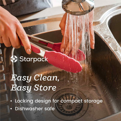 StarPack Premium Silicone Kitchen Tongs Set of 2 (9-Inch & 12-Inch) - Stainless Steel with Non-Stick Silicone Tips, High Heat Resistant to 480°F, For Cooking, Serving, Grill, BBQ & Salad (Cherry Red)