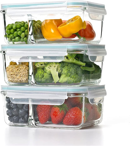 Glasslock Duo 3 Piece Clear Tempered Glass Microwave, Dishwasher, Freezer, Divided Food Storage Containers with Snap Lock BPA Free Plastic Lids
