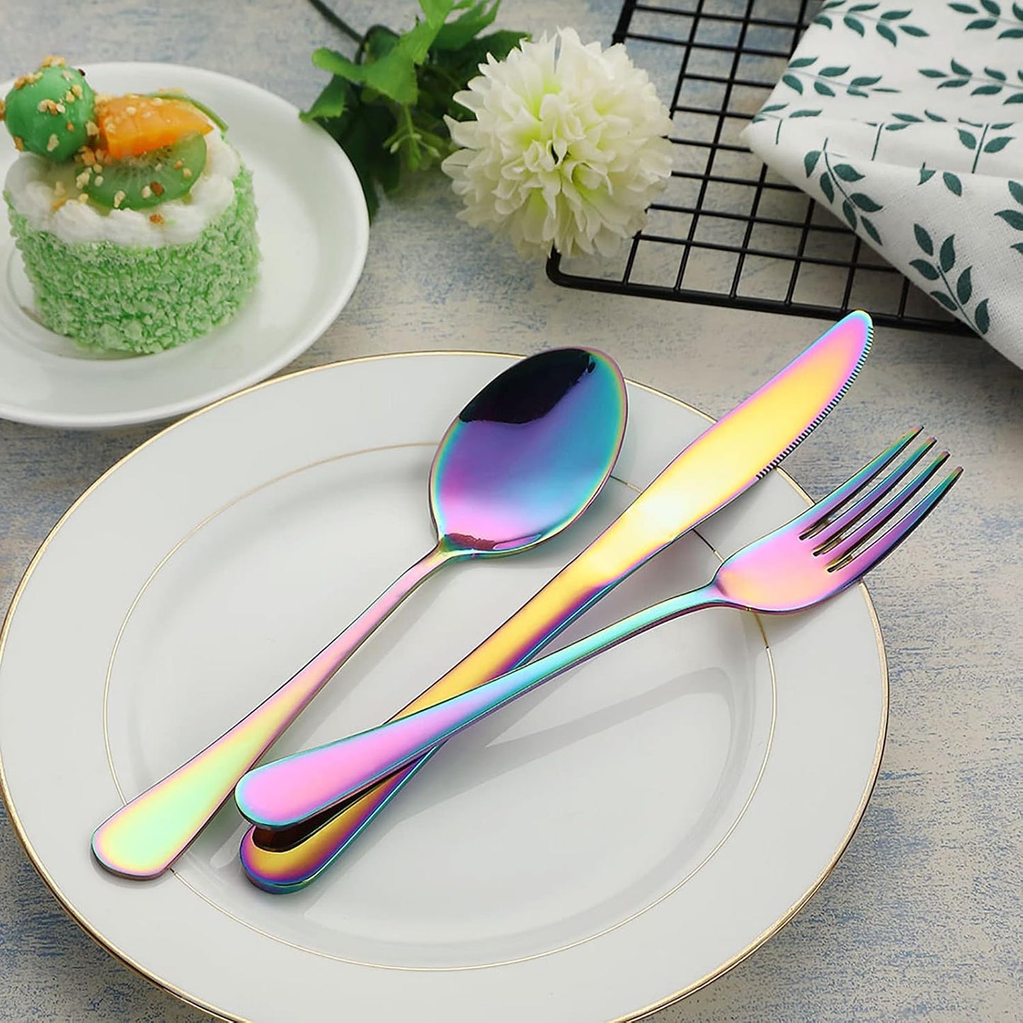VANDBAO Camping Utensils Set, Portable Travel Utensils with Case for Fixing Tableware, Reusable Stainless Steel Stable Cutlery Set, Lunch Picnic Flatware Silverware (Rainbow Set)