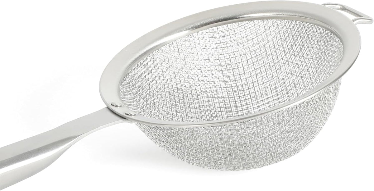Calphalon Prime Edge 5-Inch Stainless Steel Strainer, Fine Mesh Kitchen Colander Strainer with Thermoplastic Rubber Handle, Sifter for Rinsing, Draining & Straining Food, Navy
