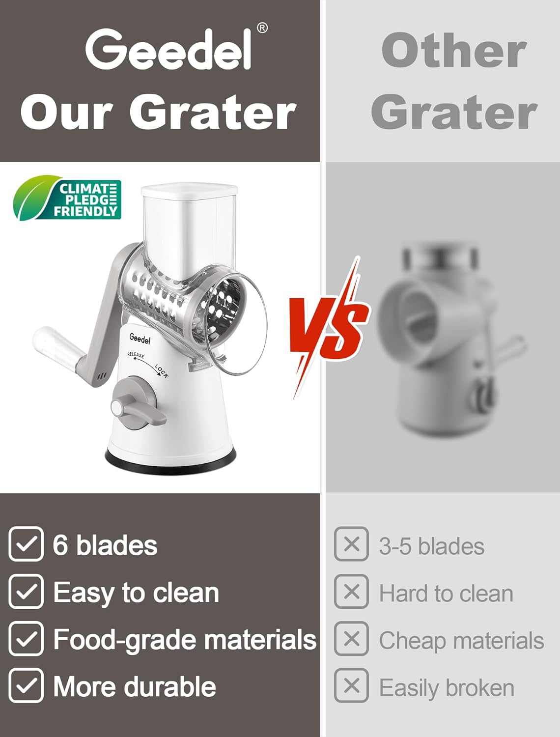 Geedel Rotary Cheese Grater, Kitchen Mandoline Vegetable Slicer with 3 Interchangeable Blades, Easy to Clean Rotary Grater Slicer for Cheese, Vegetables, Nuts