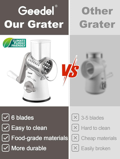 Geedel Rotary Cheese Grater, Kitchen Mandoline Vegetable Slicer with 3 Interchangeable Blades, Easy to Clean Rotary Grater Slicer for Cheese, Vegetables, Nuts