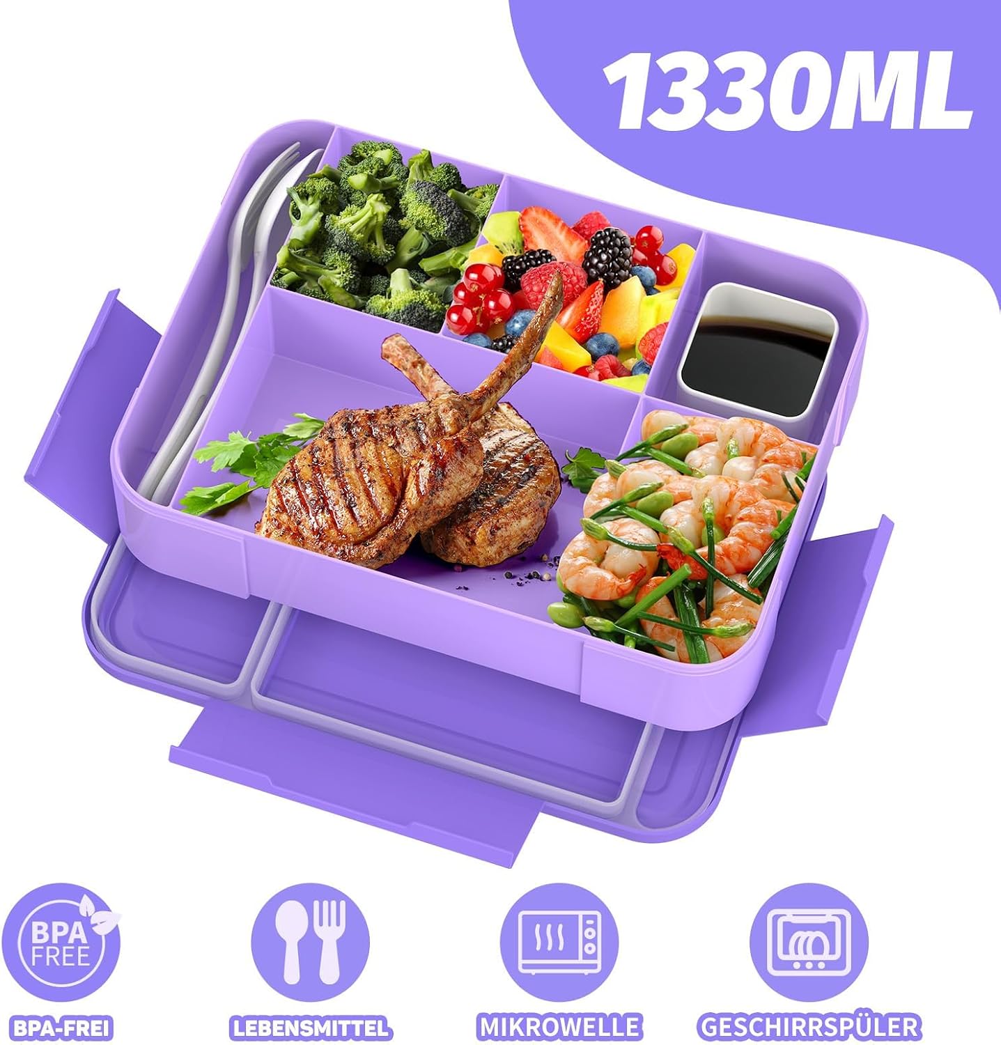 Children's Lunch Box with Compartments,Bento Box Children,Leak-proof Lunch Box for Girls and Boys, Breakfast, Cutlery Set, Snack, Perfect for School,Nursery&Trips(Purple)