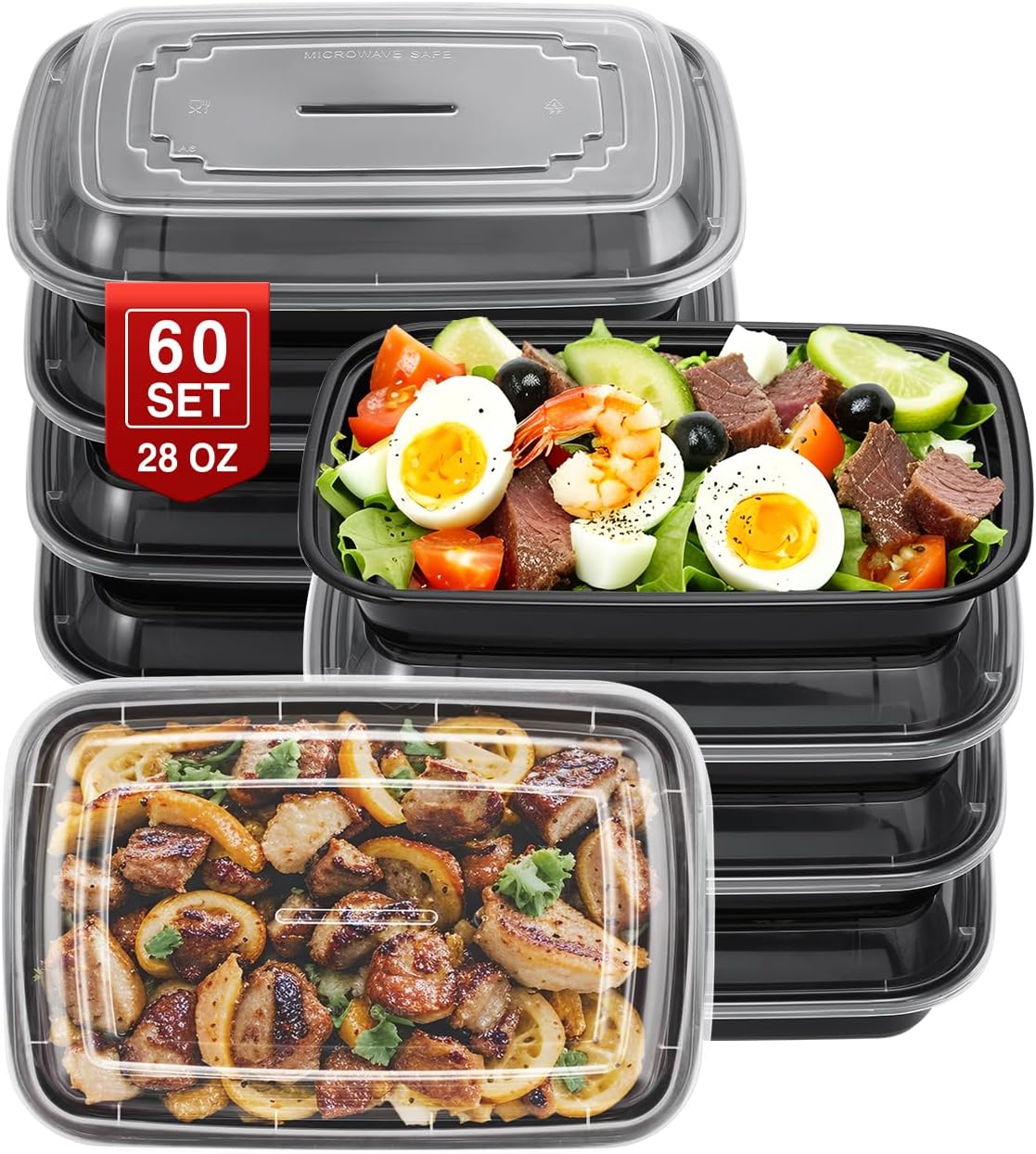 NEEBAKE 60 Sets 32oz Meal Prep Containers 2 Compartment - Plastic Food Storage Containers 2 Compartments with Lids