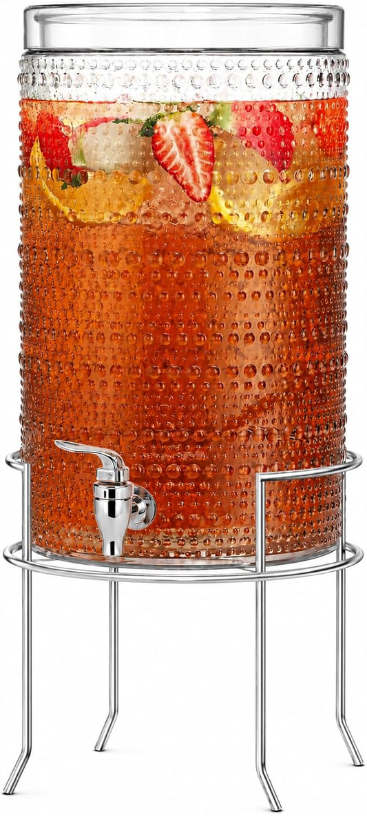 2 Gallon Glass Drink Dispenser, hobnail Drink Dispensers for Parties, Beverage Dispenser with Stand and Glass Lid, 100% Leakproof Spigot, Ideal for Lemonade, Juice, Laundry Detergent Dispenser