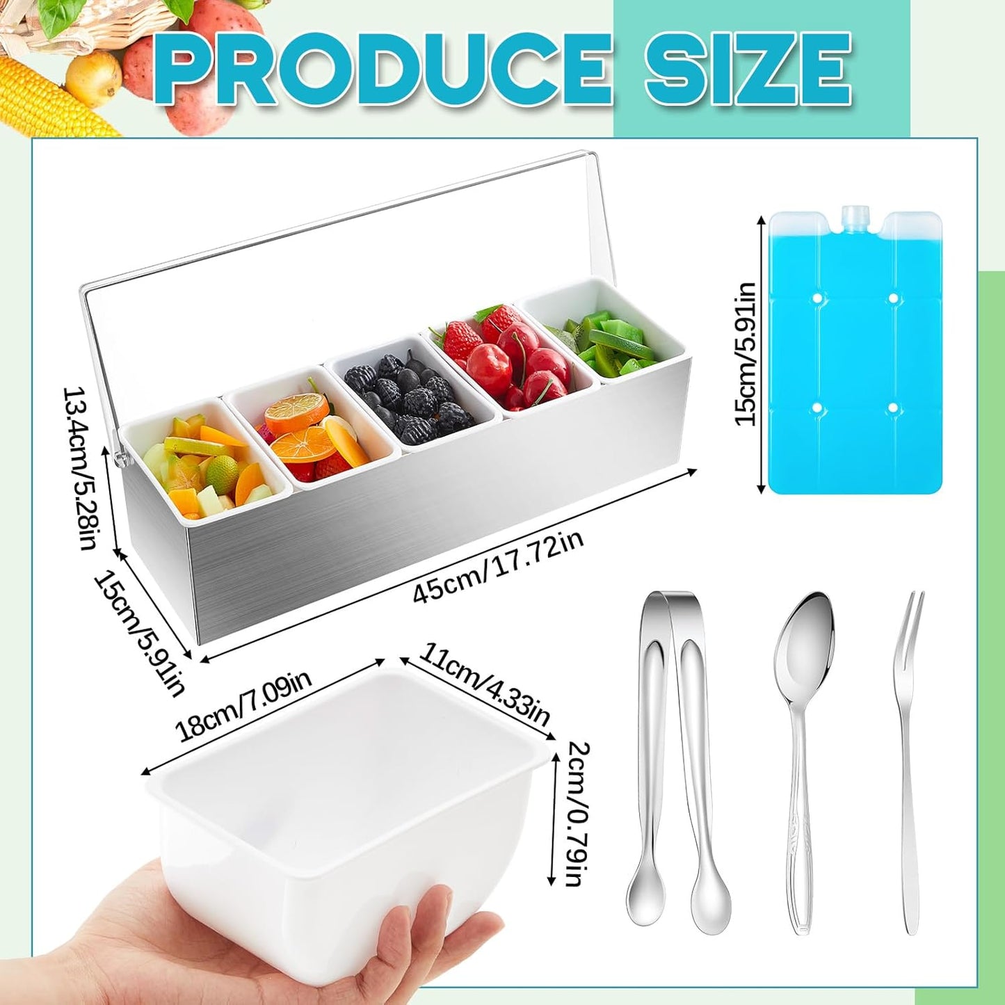 Mifoci 1 Pack Stainless Steel Chilled Condiment Server 6 Removable Slot Toppings Containers with Lid and Bottom Ice Bar Garnish Tray with 9 Silverwares 4 Ice Boxes for Christmas Party, Events and Bar