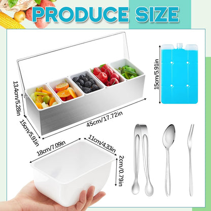 Mifoci 1 Pack Stainless Steel Chilled Condiment Server 6 Removable Slot Toppings Containers with Lid and Bottom Ice Bar Garnish Tray with 9 Silverwares 4 Ice Boxes for Christmas Party, Events and Bar