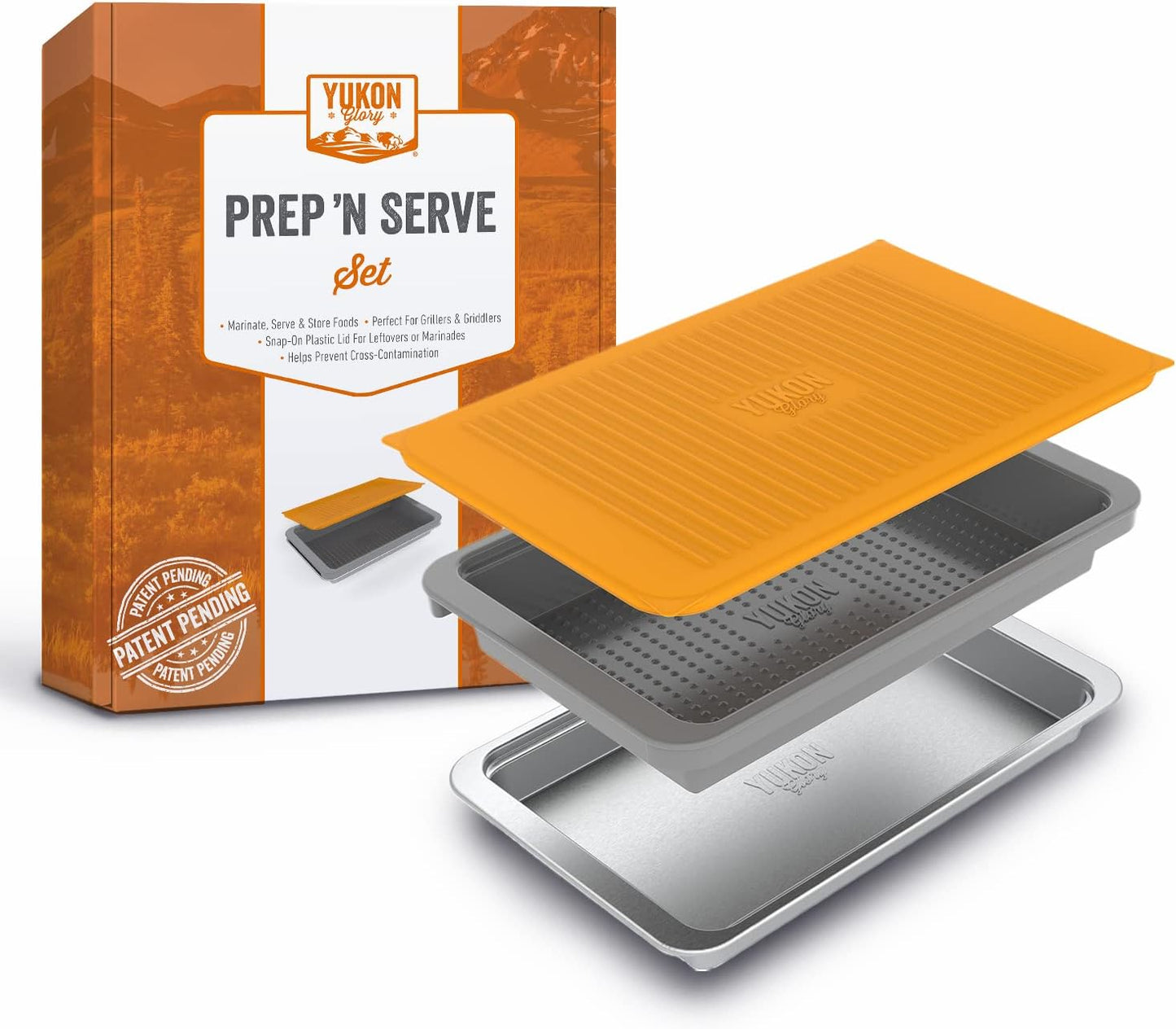 PREP ‘N Serve Premium Set™ - Plastic Container with Lid for Marinades, Stainless Steel Serving Tray, Aluminum Defrosting Tray, and a Plastic Cutting Board - the Ultimate BBQ Food Prep Utensil Set