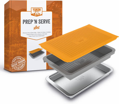 PREP ‘N Serve Premium Set™ - Plastic Container with Lid for Marinades, Stainless Steel Serving Tray, Aluminum Defrosting Tray, and a Plastic Cutting Board - the Ultimate BBQ Food Prep Utensil Set