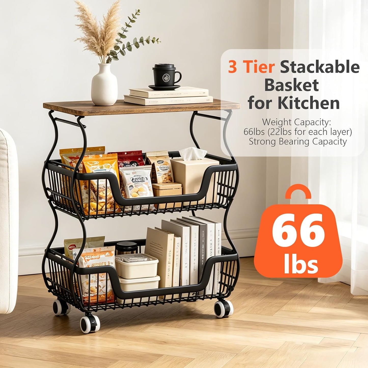 2 Pack 3-Tier Rolling Kitchen Storage Cart Fruit Basket Stand for Vegetables & Snacks Stackable Wire Pantry Floor Organizer with Wheels for Kitchen, Living Room, Bedroom, Office (Black)