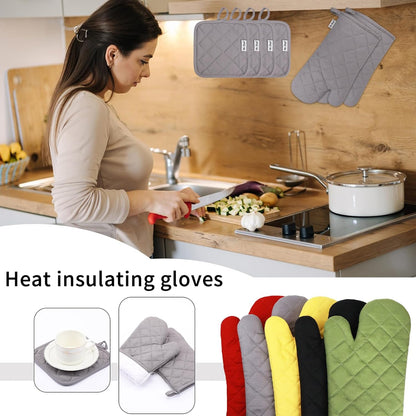 Oven Mitts and Pot Holders Sets,6 Pcs Oven Mitts and Potholders with Recycled Cotton High Heat Resistant Extra Thick Long Oven Mitts for Cooking(Black)