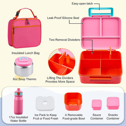 Bento Lunch Box for Kids with Thermo, Leakproof Bento Box with 8oz Insulated Food Jar, Insulated Bottle, Lunch Bag, BPA Free Dishwasher Safe 4 Compartment Container for School Girls Boys (Pink)