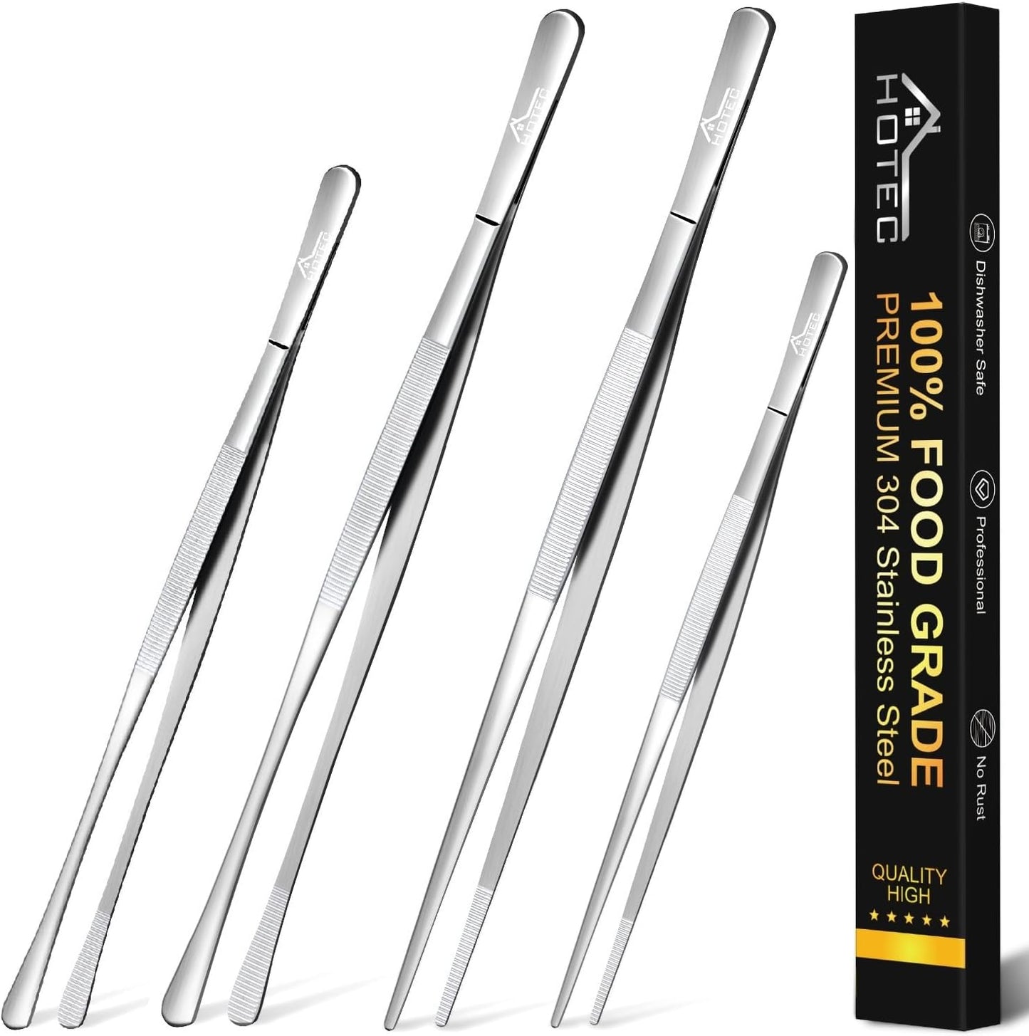 HOTEC Kitchen Tweezers Tongs Stainless Steel Professional Chef Tweezers, Set of 3-6.3", 10" and 12inch Food Tongs for Cooking, Repairing, Dessert, BBQ, Meat, Pasta
