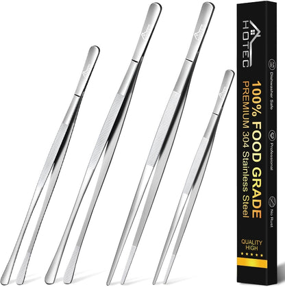 HOTEC Kitchen Tweezers Tongs Stainless Steel Professional Chef Tweezers, Set of 3-6.3", 10" and 12inch Food Tongs for Cooking, Repairing, Dessert, BBQ, Meat, Pasta