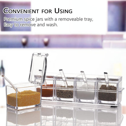 V·RESOURCING Clear Seasoning Box, 3 Pieces Seasoning Rack Spice Pots Storage Container for Spice Salt Sugar Cruet Liquid,Condiment Jars with 3 Spoons