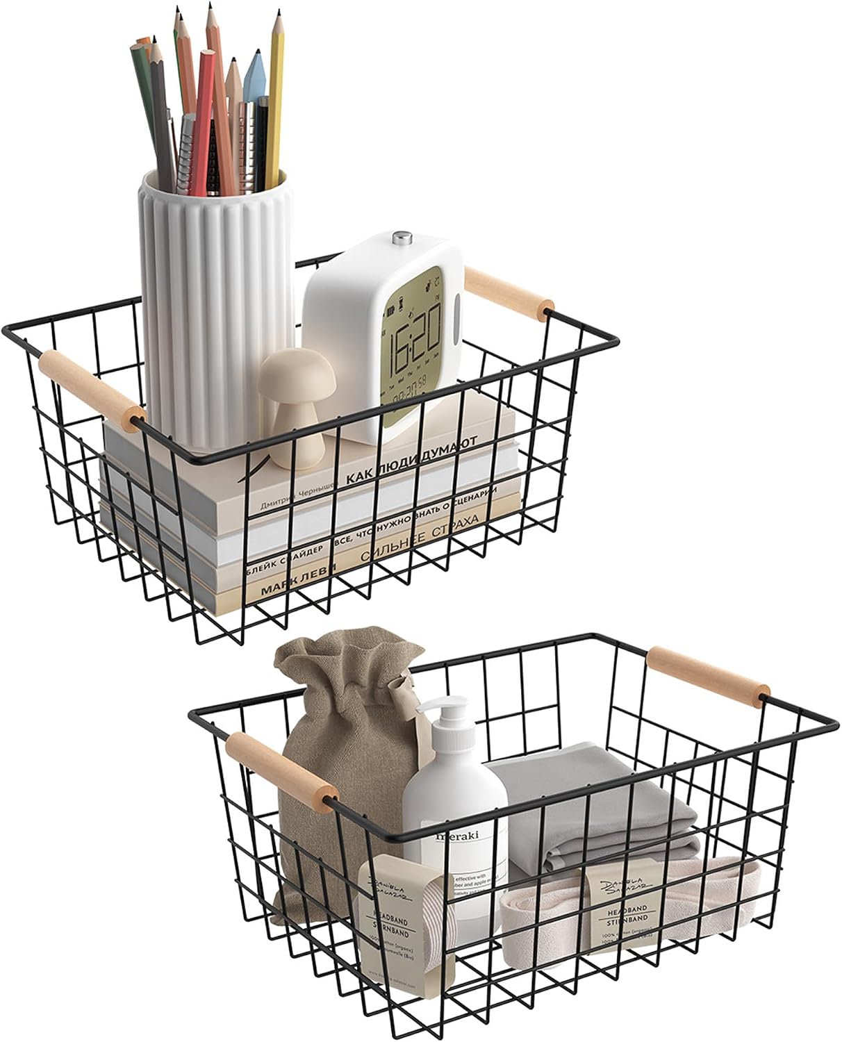 Wire Basket with Wooden Handle, Metal Utility Storage Basket for Organizing Kitchen Pantry Cabinets, Closet and Garage Shelves Drawers, Office Metal Basket Storage Organizer with Handle (Black 4 Pack)