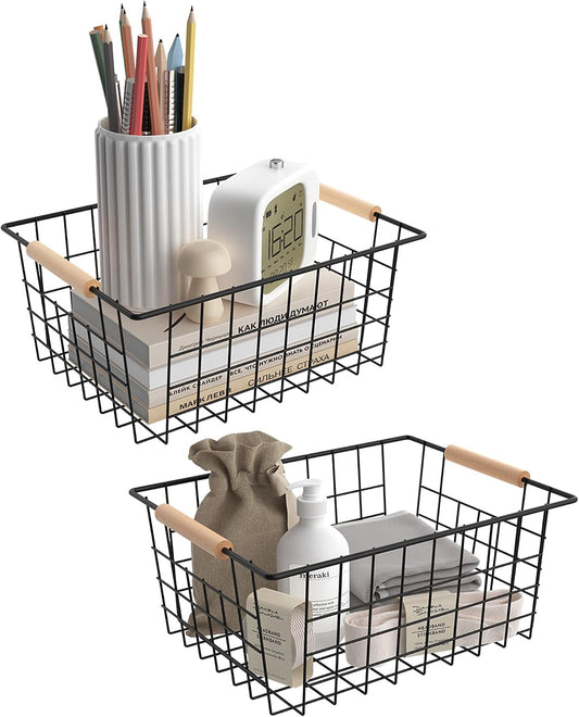 Wire Basket with Wooden Handle, Metal Utility Storage Basket for Organizing Kitchen Pantry Cabinets, Closet and Garage Shelves Drawers, Office Metal Basket Storage Organizer with Handle (Black 4 Pack)