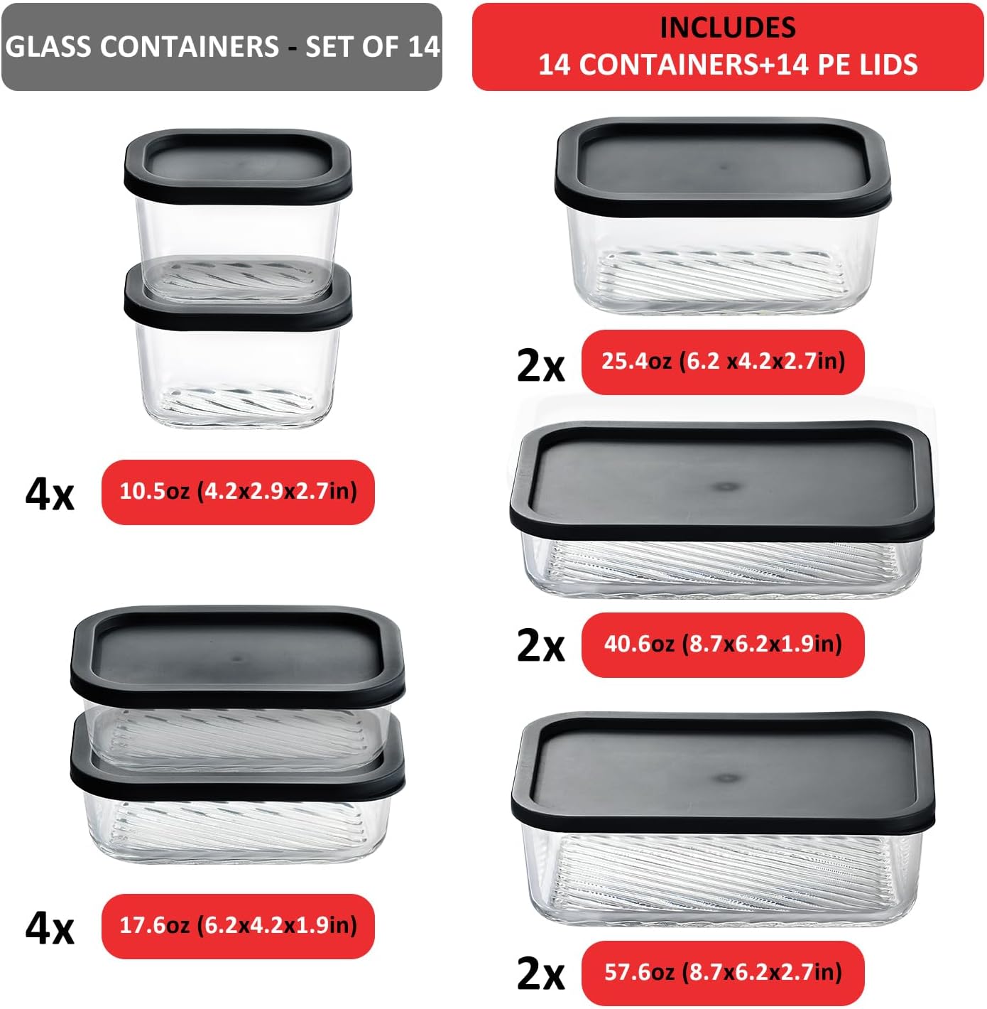 EATEX Grooved Base Glass Meal Prep Containers, 12 Pack Glass Food Storage Containers with Lids for Meal Prep & Lunch, Microwave Oven Freezer Dishwasher Safe, Anti Moisture Non-Stick Design - Black