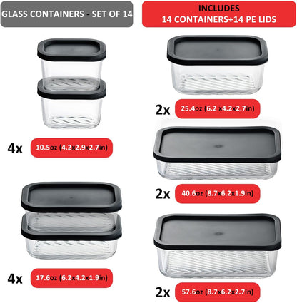 EATEX Grooved Base Glass Meal Prep Containers, 12 Pack Glass Food Storage Containers with Lids for Meal Prep & Lunch, Microwave Oven Freezer Dishwasher Safe, Anti Moisture Non-Stick Design - Black