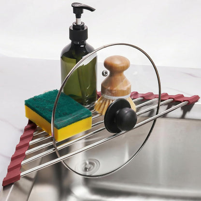 Tomorotec Foldable Stainless Steel Triangle Roll-Up Dish Drying Rack for Small Sink Corners - Over-The-Sink Multipurpose Kitchen Drainer, Rustproof Organizer, Trivet and Shelf - Space-Saving (Black)