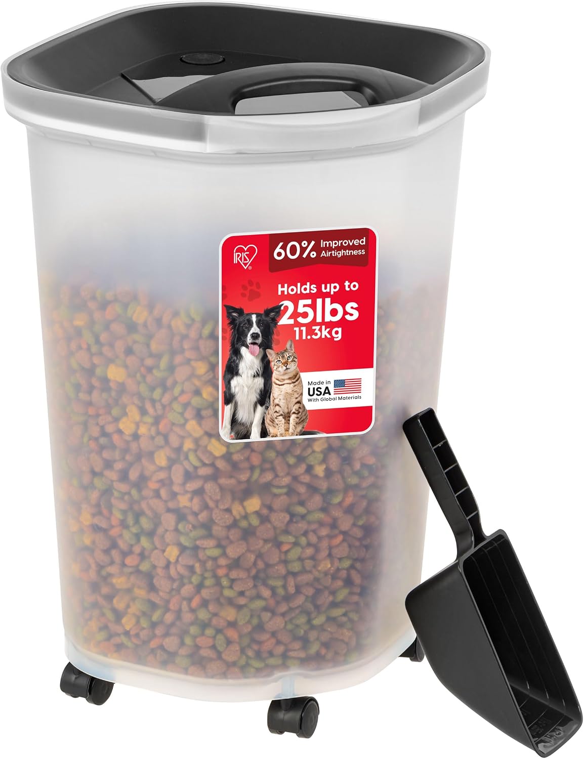 IRIS USA Airtight Dog Food Storage Container, Up to 30 lbs, Attachable Wheels, for Dog Cat Bird and other Pet Food Storage Bin, Keep Fresh, Easy Mobility, BPA Free, Black