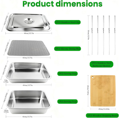 10PCS Grill Carry System Lanstics 15.7"x11.8" Grilling Prep Trays Stainless Steel Platter BBQ Serving Trays with Lid Chopping Board Skewers for Outdoor Barbecue Party