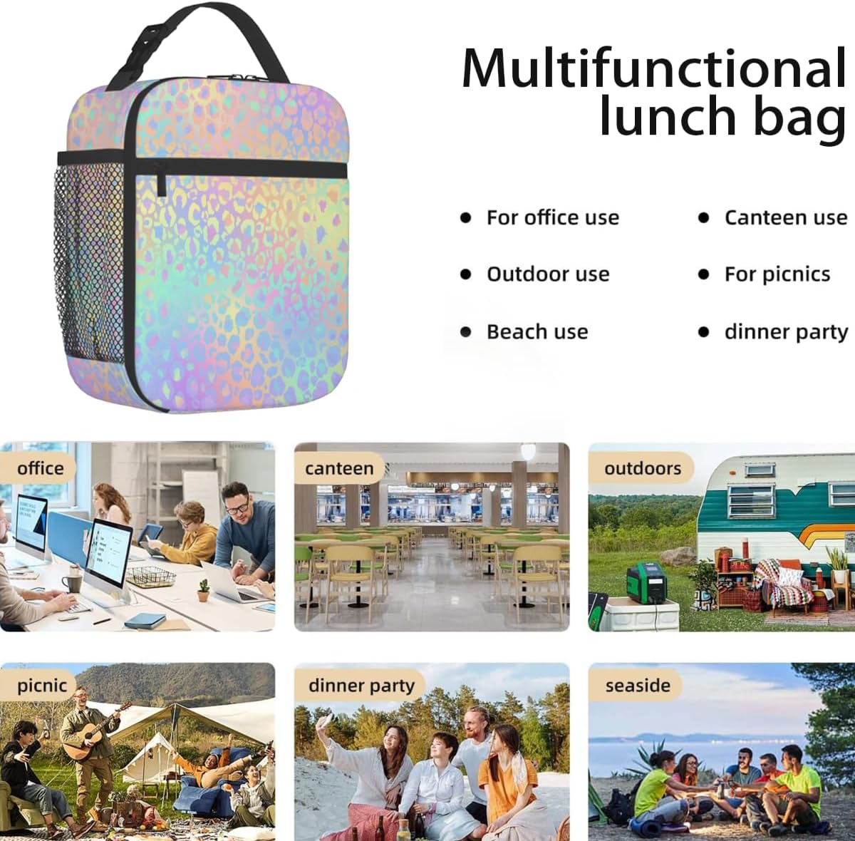 Rainbow Leopard Lunch Box Thermal Cooler Bento Tote Bags Portable Insulated Lunch Bag for Girls Teens, Kids Lunch Bags for School Beach Picnic Travel