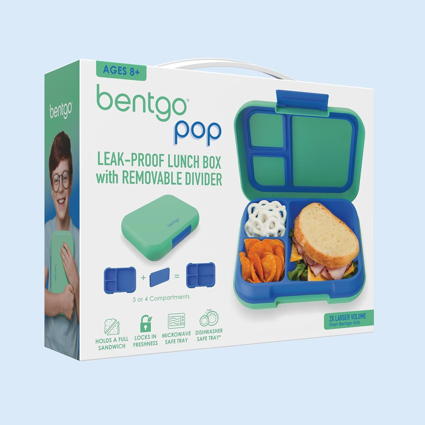 Bentgo Pop - Leak-Proof Lunch Box & Removable Divider for Ages 8+ & Teens - Lunch Container Holds 5 Cups of Food; 3-4 Compartments; Microwave/Dishwasher Safe; 2 Year Warranty (Flame Red/Turquoise)