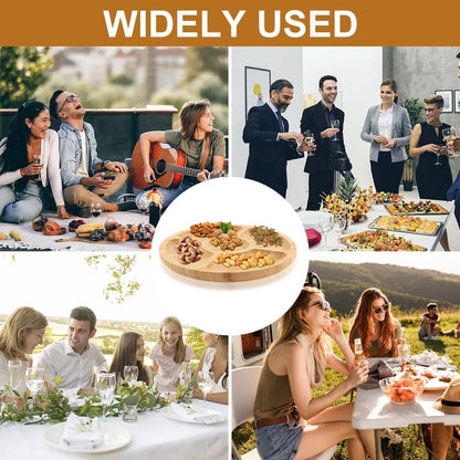 Divided Serving Tray, Bamboo Appetizer Party Platter with 5 Compartments For Serving Dishes, Servings Platter, Chip And Dip Trays, Veggie Tray, Or Taco, Round (SIZE:8")