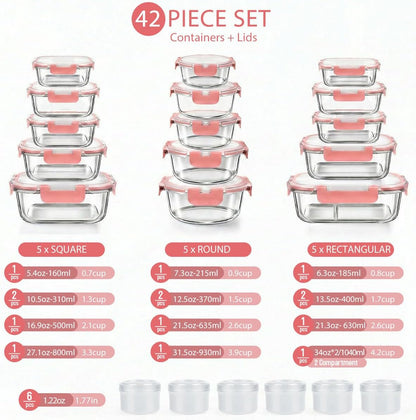 AMALEKO 42pcs Glass Food Storage Containers with Snap Locking Lids Set, Glass Meal Prep Containers (21 Container & 21 Lids),Leak Proof Lunch Containers BPA-Free,Black