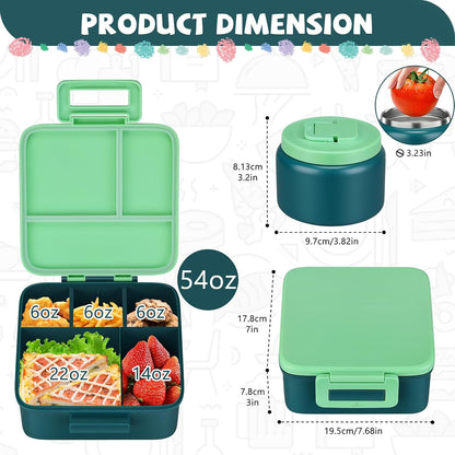 MAISON HUIS Bento Lunch Box with 8oz Soup Thermo and Insulated Lunch Bag, Kids Leakproof Lunch Food Containers with 5 Compartment, Boys Girls Thermo Hot Food Jar for Travel, School, BPA Free (Black)
