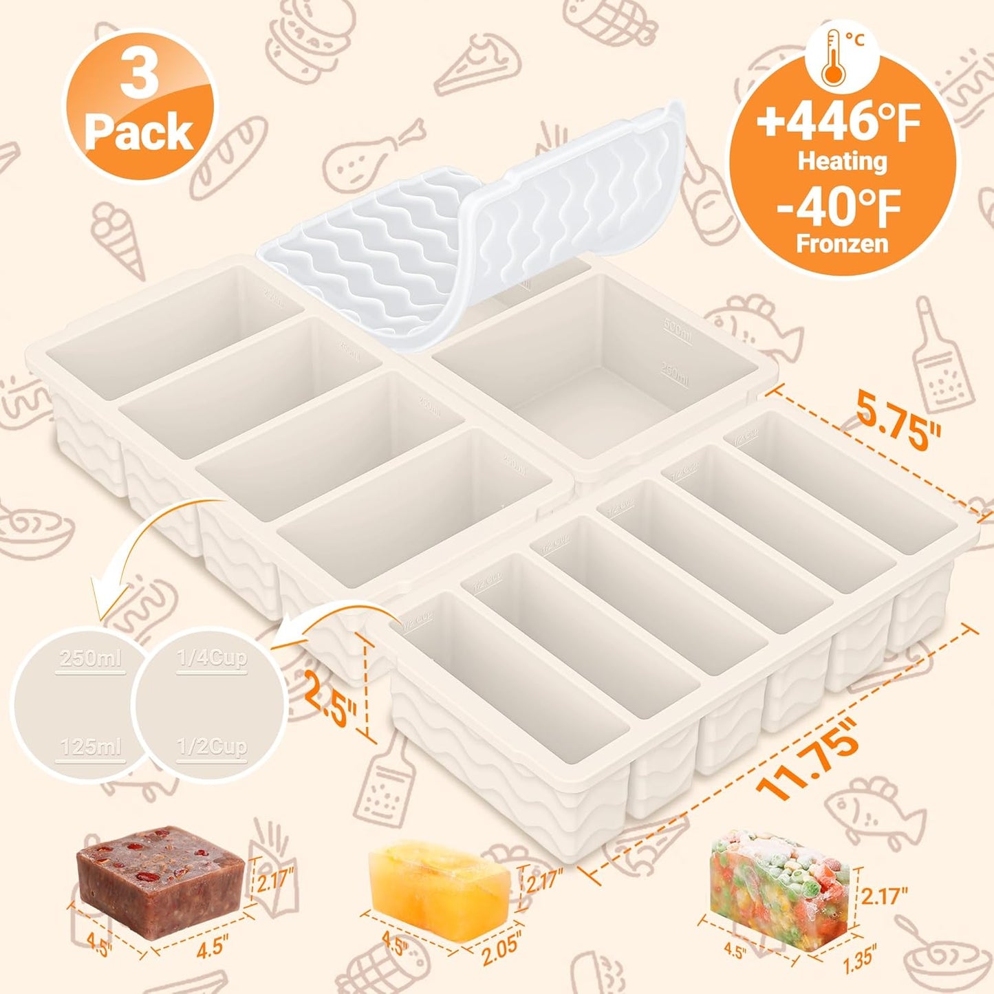 3-Pack Silicone Freezer Trays with Lid,2 Large 2-Cup(500ml)&4 Medium 1-Cup(250ml)&6 Small 1/2-Cup(125ml) Soup Freezer Container Molds,Ice Cube Tray For Meal Prep&Freezing Soup,Stews,Sauces